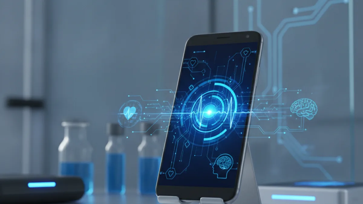 Abstract visualization of an Android device syncing health data in a clinical setting