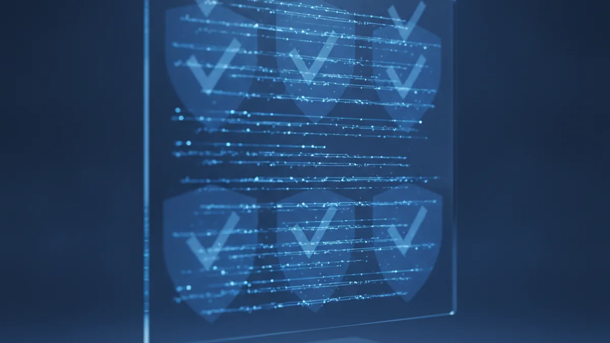 Abstract visualization of a secure, tamper-resistant audit log for healthcare software, rows of verified entries behind a shield motif