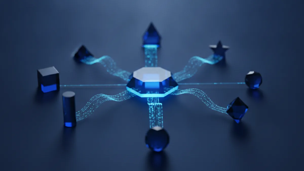 Abstract visualization of a central integration hub connecting multiple clinical software endpoints