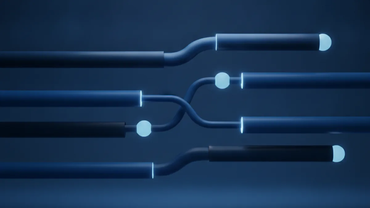 Abstract visualization of connected sequential process stages, representing a phased software development timeline
