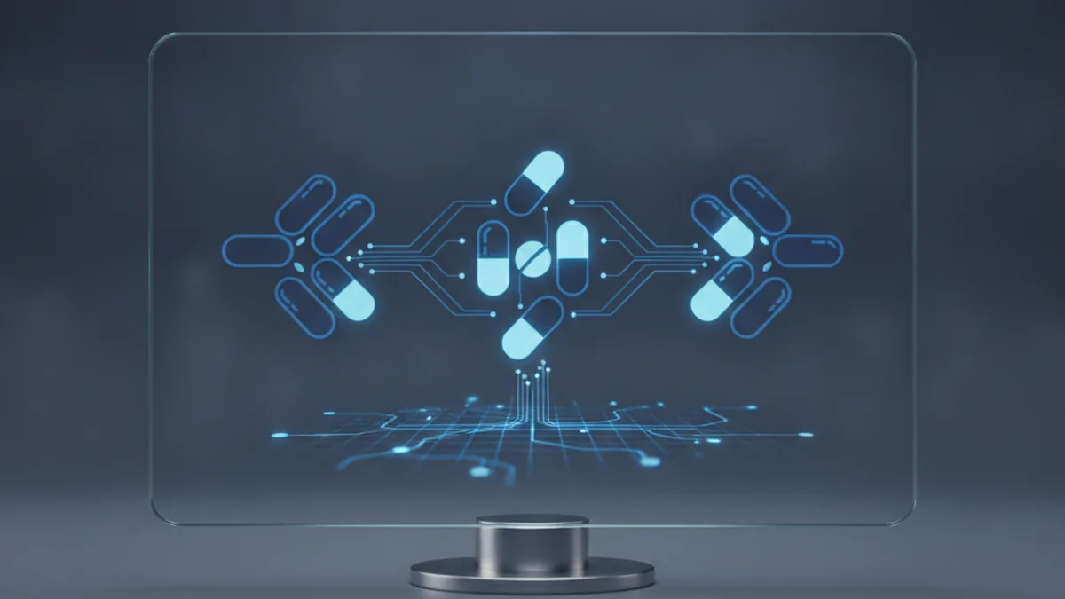 Abstract visualization of a medication list reconciliation interface, pill and dosage icons being cross-matched into a single verified list