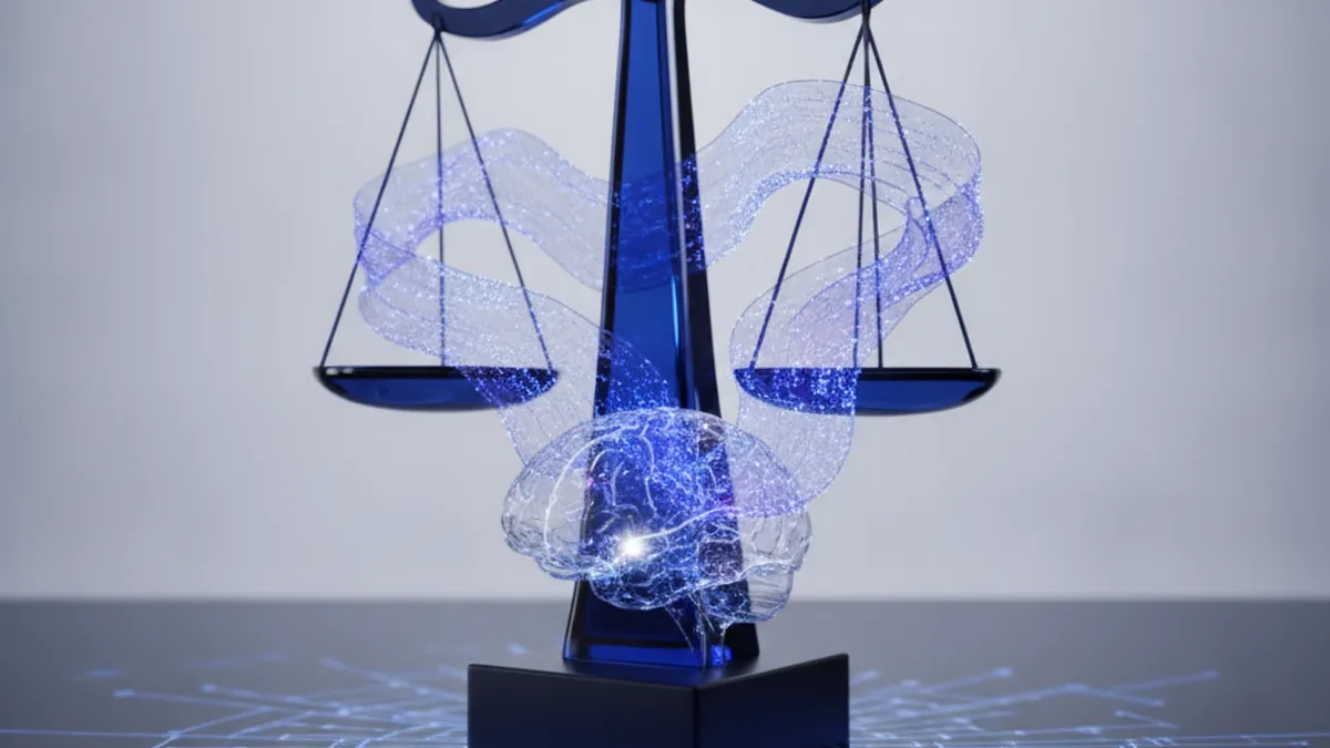Abstract scales of justice fused with a glowing digital brain, dark navy and cobalt tones