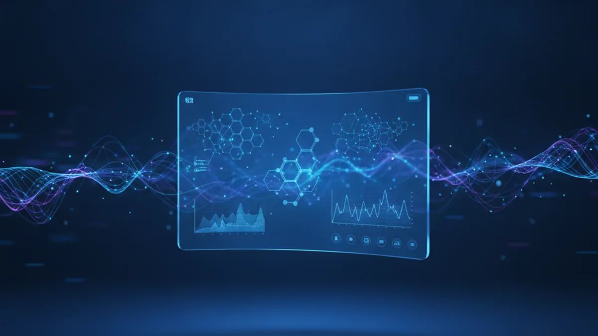 Abstract digital healthcare data interface, dark navy and cobalt tones