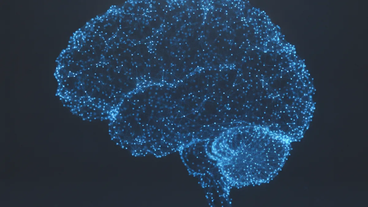 Abstract AI network visualization over a brain MRI scan