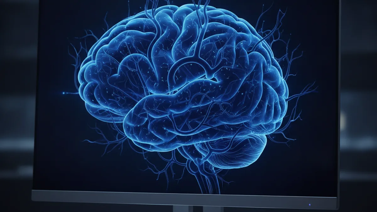 Abstract 3D neurovascular artery rendering on a monitor, dark navy and cobalt tones
