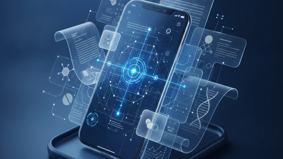 Abstract visualization of a mobile app interface layered with regulatory and clinical data