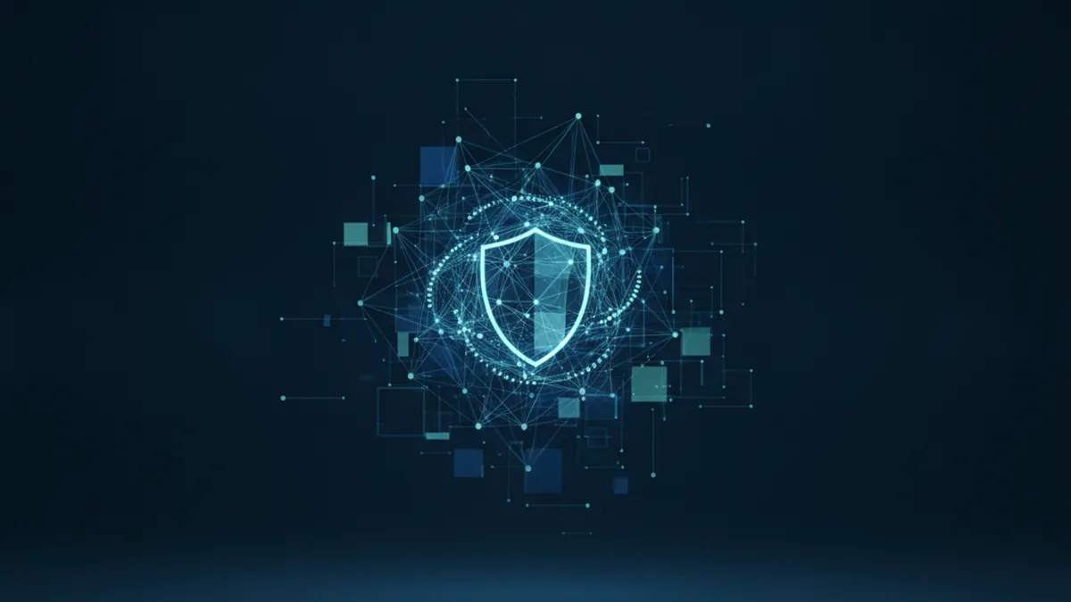 Abstract healthcare data compliance network, dark navy and cobalt tones