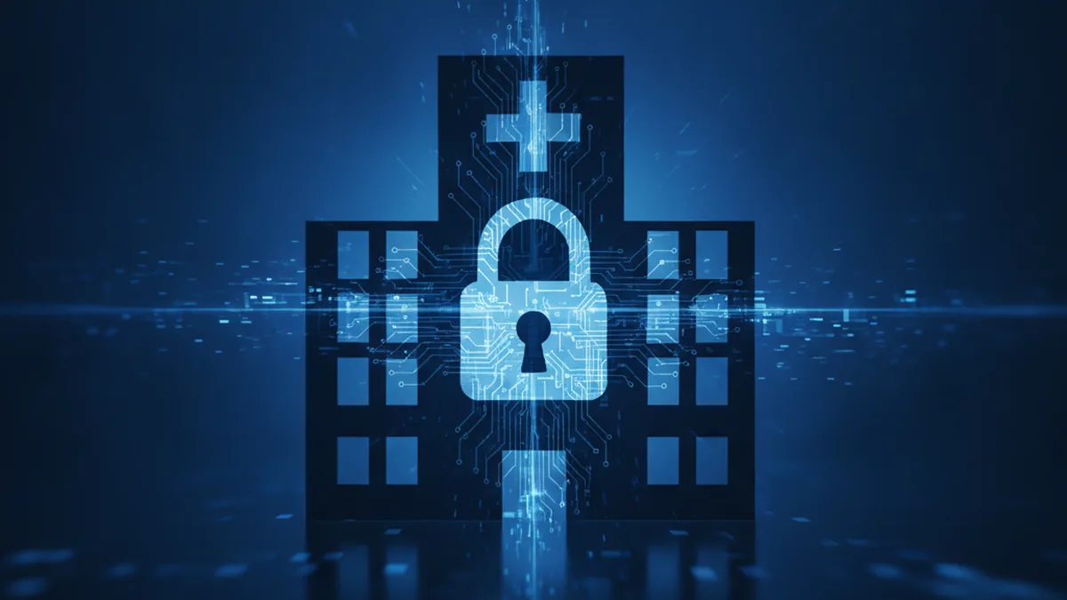 Abstract hospital network under cyberattack, dark navy and cobalt tones