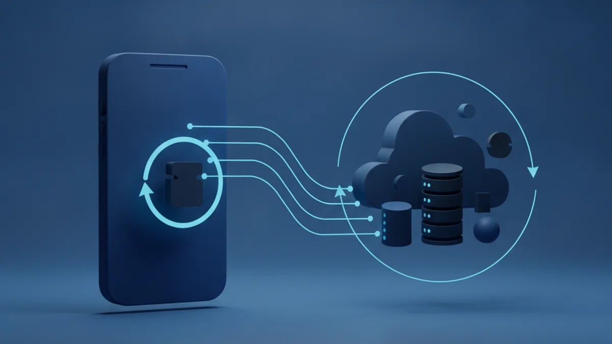 Abstract visualization of a mobile device syncing with a cloud server, representing offline-first architecture