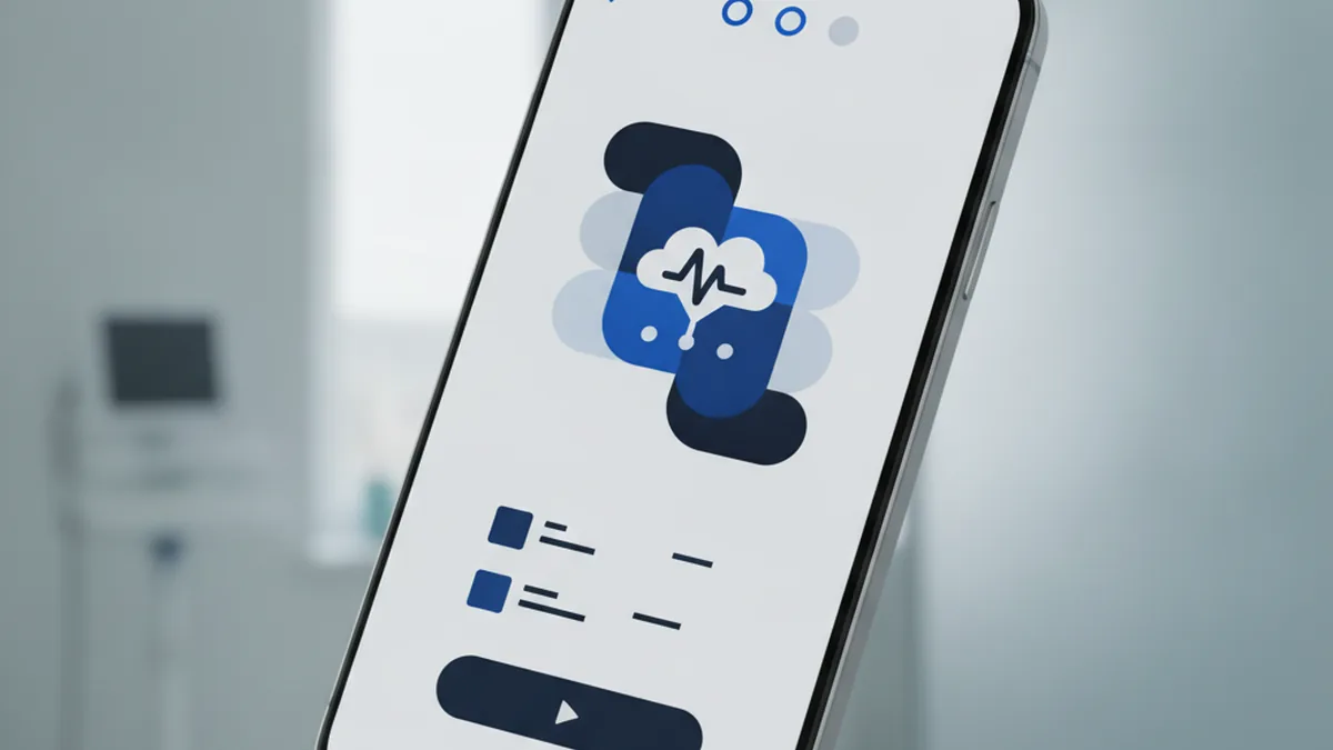 Smartphone displaying a clean patient app onboarding screen in a clinical setting